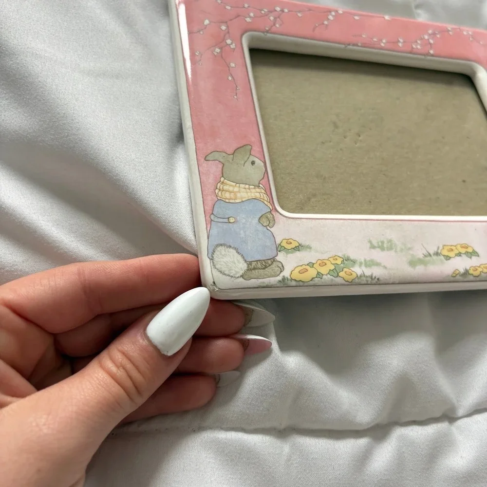 Vintage Bunny Rabbit Ceramic Picture Frame Pink Floral Nursery Decor 5x3.5
